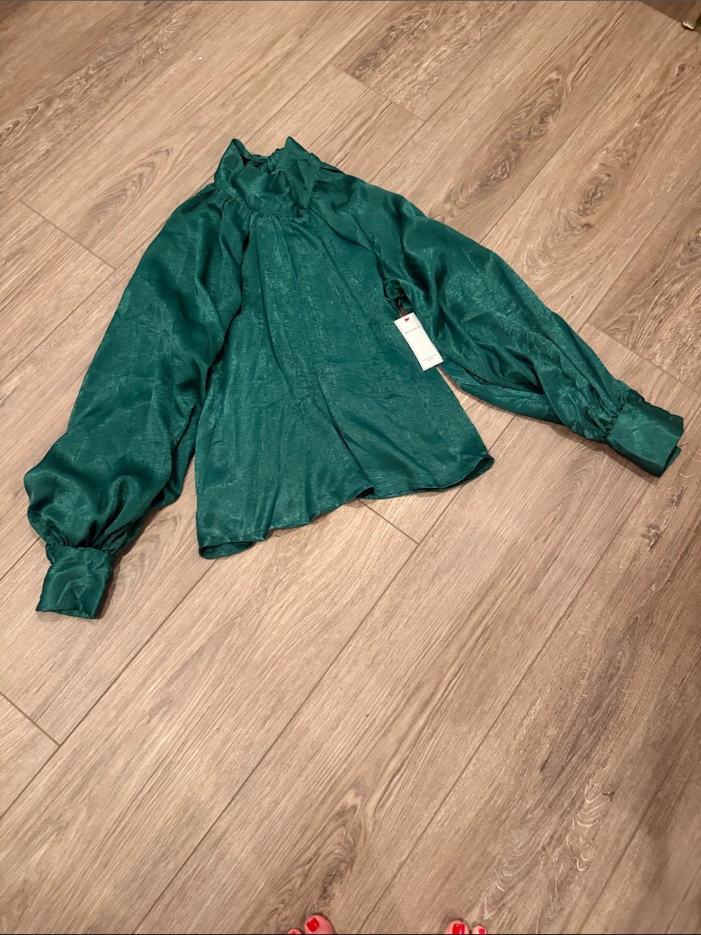 Aura Emerald Green Long-Sleeve Ruffled Neck Blouse